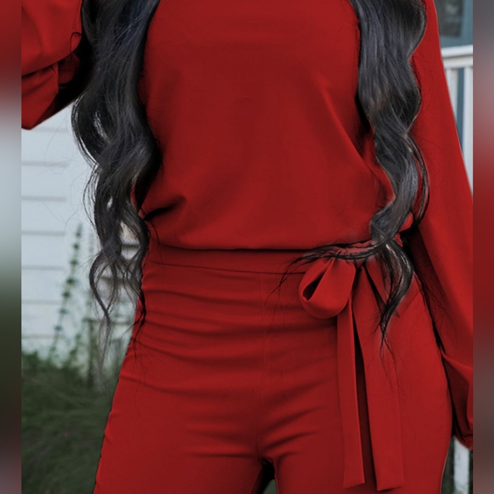 (Out of stock) Red Boat Neck Tie Belt Jumpsuit - Picture 2 of 6